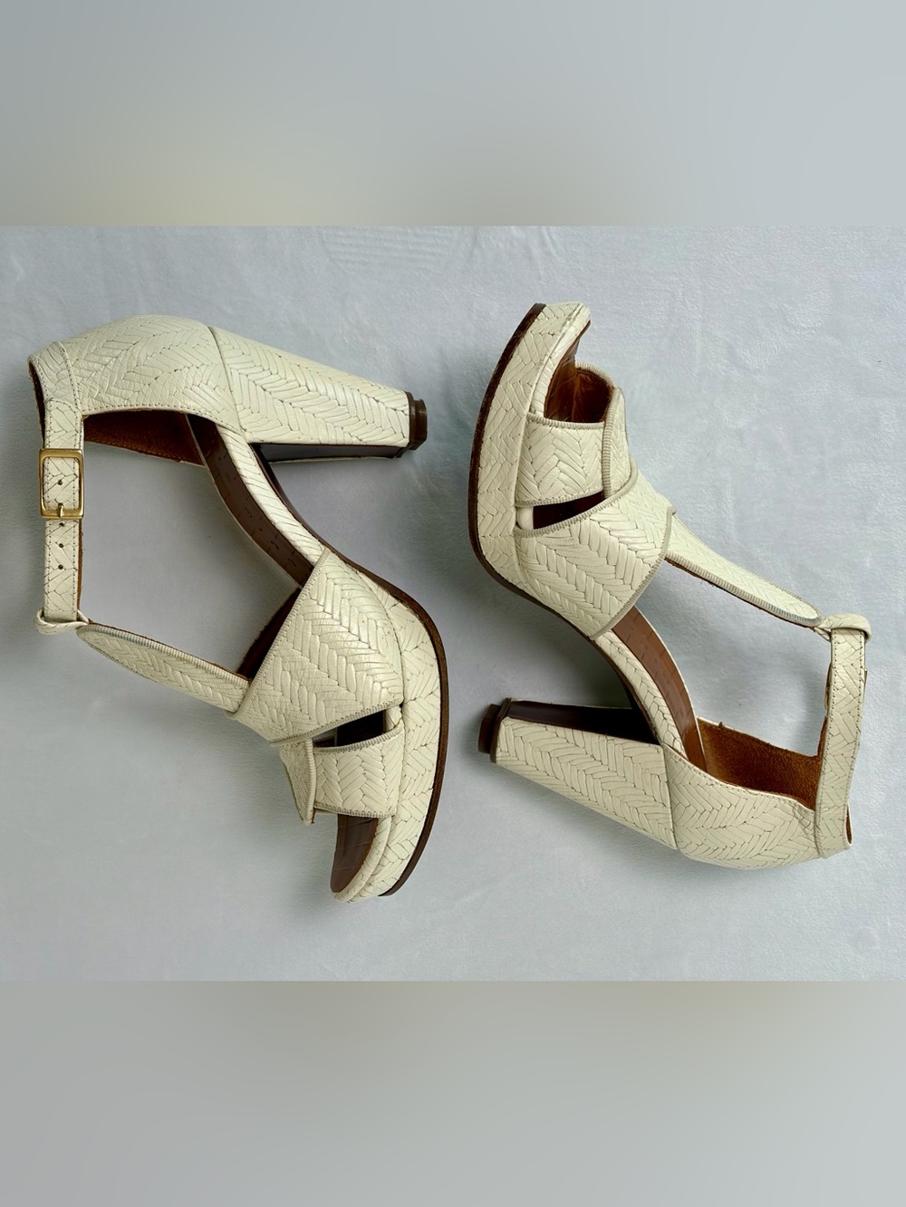 Chie Mihara Braided Leather T-Strap Heels, Cream, 36, EUC - Picture 8 of 12